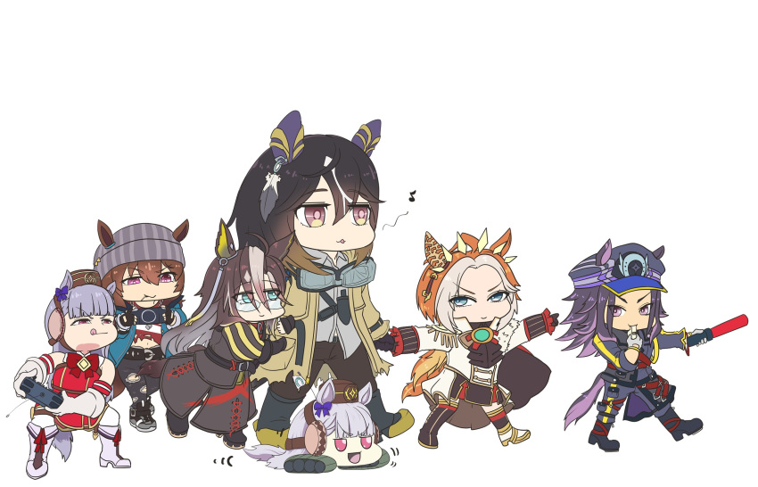 :d, animal_ears, armband, ascot, asymmetrical_shirt, beanie, black_ascot, black_boots, black_coat, black_gloves, black_hair, black_pants, blowing_whistle, blue_coat, blue_eyes, blunt_bangs, boots, bow, bowtie, brown_eyes, brown_hair, coat, controller, denim, dream_journey_(reminder_of_dreamland)_(umamusume), dream_journey_(umamusume), dress, ear_bow, ear_covers, ears_through_headwear, epaulettes, fenomeno_(black_flames_of_the_righteous_spirit)_(umamusume), fenomeno_(umamusume), fingerless_gloves, flipped_hair, game_controller, gem, glasses, gloves, goggles, goggles_around_neck, gold_ship_(red_strife)_(umamusume), gold_ship_(umamusume), gradient_hair, green_gem, grey_hair, grey_hat, hair_between_eyes, handheld_game_console, hat, highres, holding, holding_controller, holding_game_controller, holding_whistle, horse_ears, horse_girl, horse_tail, horseshoe_hat_ornament, horseshoe_ornament, jeans, kayachiyo, knife_sheath, lace, lace_sleeves, long_hair, long_sleeves, multicolored_hair, musical_note, nakayama_festa_(shichuukyuukatsu)_(umamusume), nakayama_festa_(umamusume), orange_hair, orfevre_(control)_(umamusume), orfevre_(umamusume), pants, peaked_cap, pillbox_hat, playstation_controller, playstation_portable, puffy_sleeves, purple_bow, purple_hair, red_bow, red_bowtie, red_dress, sheath, shirt, simple_background, single_ear_cover, single_epaulette, sleeveless, sleeveless_dress, smile, stay_gold_(sunlit_outsider)_(umamusume), stay_gold_(umamusume), stay_gold_clan_(umamusume), striped_armband, striped_clothes, striped_hat, tail, torn_clothes, torn_coat, torn_jeans, torn_pants, torn_shirt, two-tone_hair, umamusume, violet_eyes, whistle, white_background, white_boots, white_gloves, white_hair, white_shirt, white_streaks, wrist_belt, yellow_coat