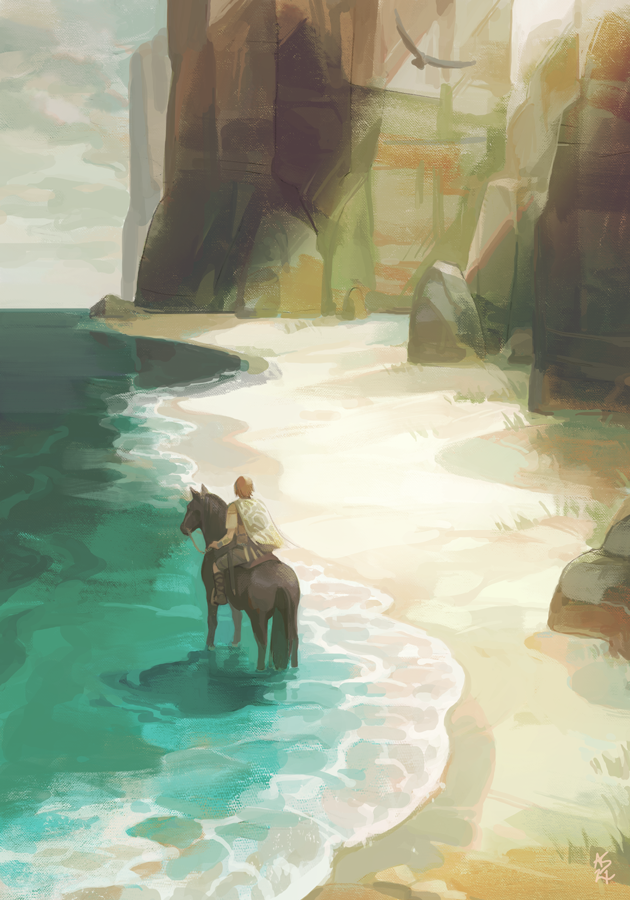 1boy, agro_(shadow_of_the_colossus), beach, bird, bird_wings, boulder, cliff, commentary