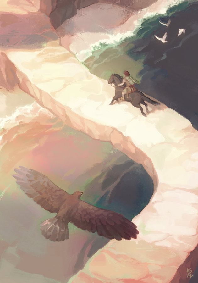 1boy, agro_(shadow_of_the_colossus), bird, bird_wings, cliff, commentary, dove, driftwoodwolf