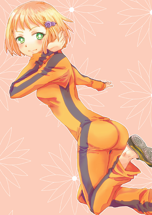 ankle, bad_id, blonde_hair, bruce_lee's_jumpsuit, green_eyes, hair_ornament, hairclip, hand_in_hair, huang_baoling, jumpsuit, lolly, lori_(popppp), no_socks, paolin_huan, shoes, short_hair, simple_background, sneakers, solo, tiger_&amp;_bunny