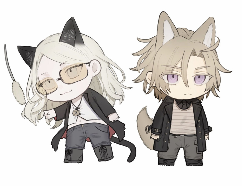 2boys, :3, animal_ears, blonde_hair, cat_boy, cat_ears, cat_tail, chibi, chibi_only, daybit_sem_void, dog_boy, dog_ears, dog_tail, fate/grand_order, fate_(series), full_body, i_tami_sumi, jacket, kemonomimi_mode, long_hair, long_sleeves, male_focus, multiple_boys, open_clothes, pants, shirt, short_hair, simple_background, smile, sunglasses, tail, tezcatlipoca_(fate), tinted_eyewear, violet_eyes, white_background