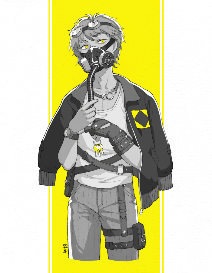 1boy, bilingual_commentary, commentary, driftwoodwolf, english_commentary, fingerless_gloves, gas_mask, gloves