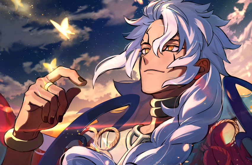 1boy, black_nails, bracelet, braid, bug, bui_(buupopopopopo), butterfly, clouds, dark-skinned_male, dark_skin, facial_mark, fate/grand_order, fate_(series), gradient_sky, highres, jewelry, long_hair, male_focus, neck_ring, outdoors, portrait, ring, single_braid, sky, smile, solo, solomon_(fate), star_(sky), white_hair, yellow_eyes