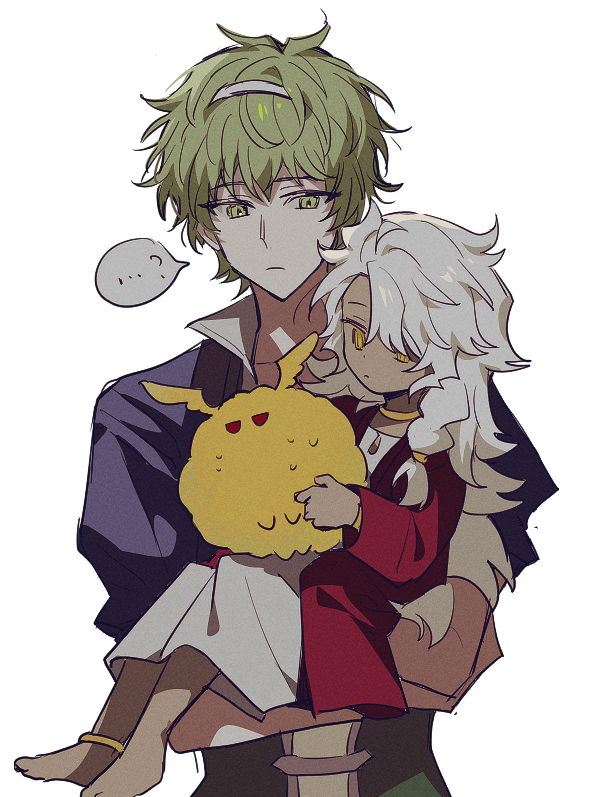 ..., 2boys, aged_down, carrying, child, child_carry, commentary, creature, dark-skinned_male, dark_skin, david_(fate), fate/grand_order, fate_(series), father_and_son, goetia_(fate), green_eyes, green_hair, headband, holding, holding_creature, long_hair, male_focus, multiple_boys, myg_8028, robe, shirt, short_hair, simple_background, solomon_(fate), speech_bubble, spoken_ellipsis, sweatdrop, symbol-only_commentary, white_background, white_shirt, yellow_eyes