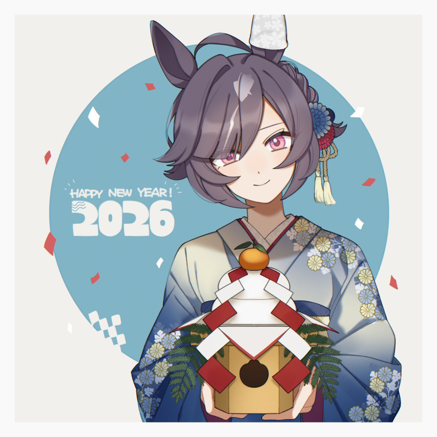 1girl, 2026, ahoge, alternate_costume, animal_ears, believe_(umamusume), black_hair, blue_kimono, commentary_request, ear_covers, floral_print, flower, furisode, hair_flower, hair_ornament, happy_new_year, highres, horse_ears, horse_girl, hoshikokamiji, japanese_clothes, kagami_mochi, kimono, looking_at_viewer, multicolored_hair, pink_eyes, short_hair, single_ear_cover, smile, solo, streaked_hair, umamusume, upper_body, white_hair, white_streaks