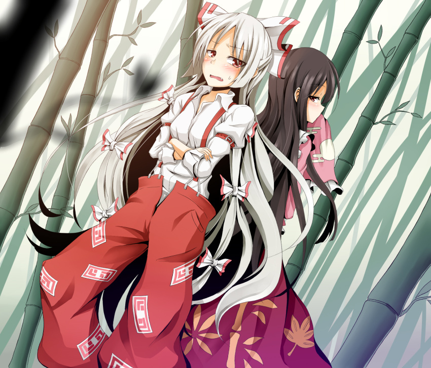 back-to-back, bamboo, bamboo_forest, black_hair, blush, bow, brown_hair, crossed_arms