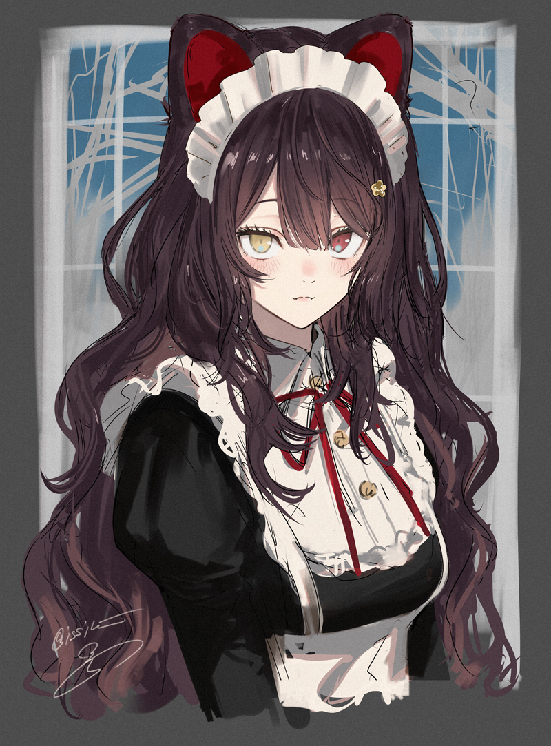 1girl, alternate_hairstyle, animal_ears, apron, artist_name, blunt_bangs, border, brown_hair
