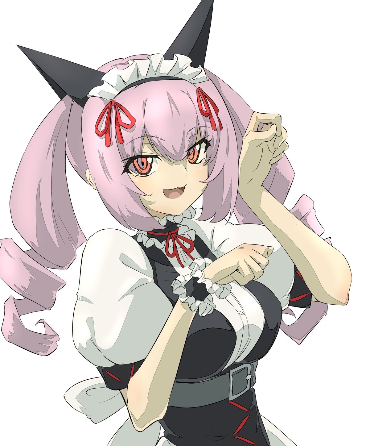 1girl, :3, :d, akiha_rumiho, animal_ear_hairband, animal_ears, back_bow, belt