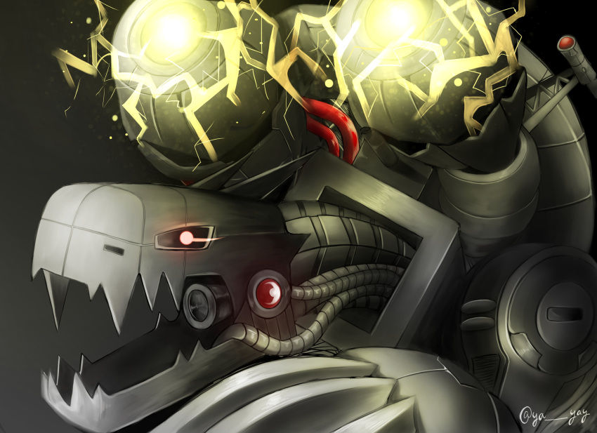 absurdres, claw_(weapon), commentary_request, digimon, digimon_(creature), electricity, eye_trail, glowing