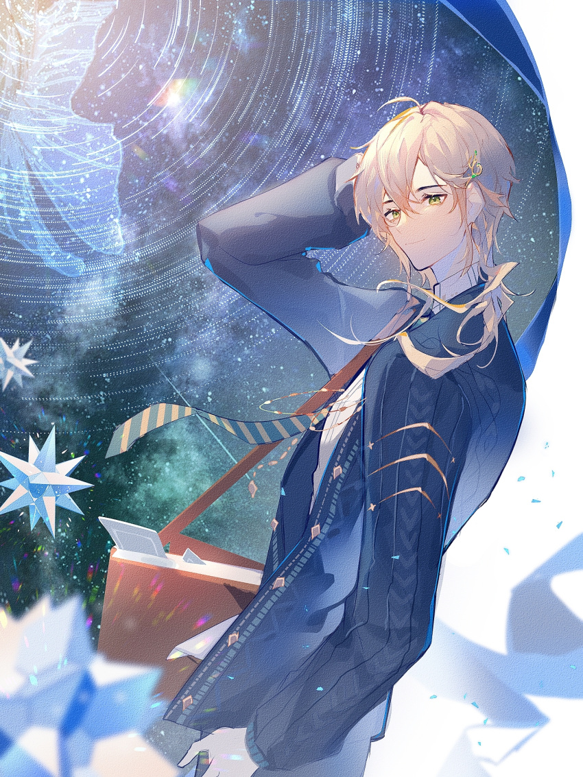 1boy, ahoge, alkaid_mcgrath, alkaid_mcgrath_(legendary_whale_song), aqua_necktie, bag, black_pants, blonde_hair, blue_cardigan, blue_ribbon, border, brown_bag, buttons, cardigan, chinese_commentary, closed_mouth, collared_shirt, commentary_request, cowboy_shot, diagonal-striped_clothes, diagonal-striped_necktie, diamond_button, english_commentary, from_side, green_eyes, hair_between_eyes, hair_ornament, hairclip, hand_on_own_head, highres, irregular_border, long_sleeves, looking_at_viewer, looking_to_the_side, lovebrush_chronicles, male_focus, medium_hair, mixed-language_commentary, nash5, necktie, official_alternate_costume, open_cardigan, open_clothes, outside_border, pants, refraction, ribbon, satchel, shirt, shoulder_bag, sideways_glance, sky, small_stellated_dodecahedron, smile, solo, standing, star_(sky), star_trail, starry_sky, striped_clothes, tie_clip, white_border, white_shirt