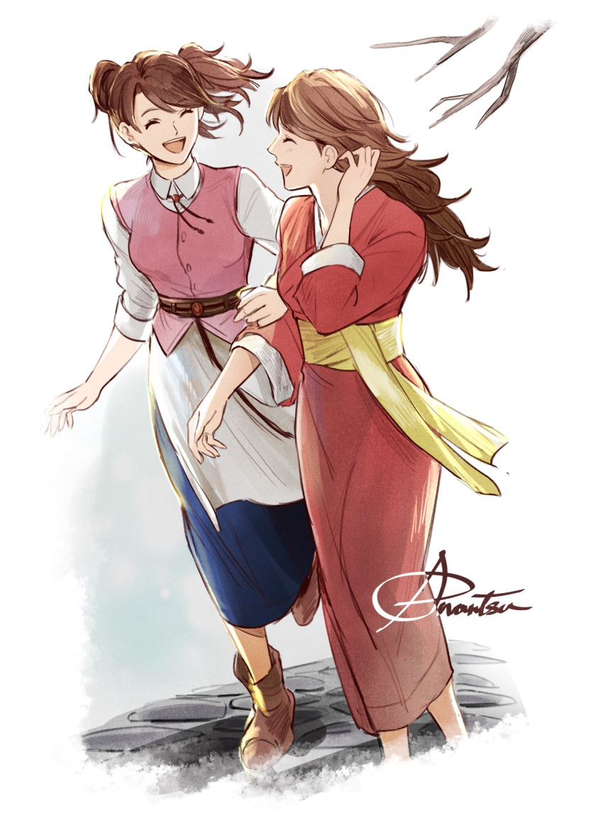 2girls, ^_^, anonatsutods, blue_skirt, brown_hair, closed_eyes, highres, japanese_clothes