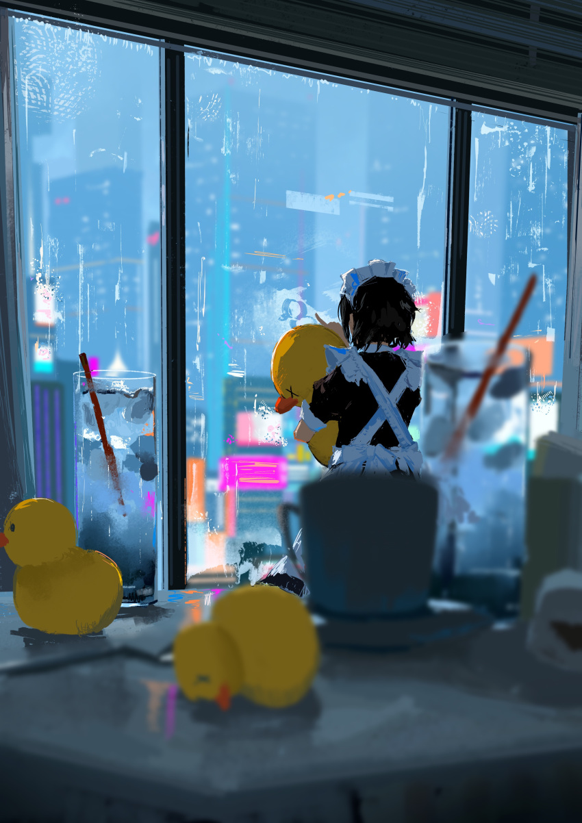 absurdres, coffee_mug, cup, ducks, highres, indoors, koukouya, maid, mug, short_hair, window