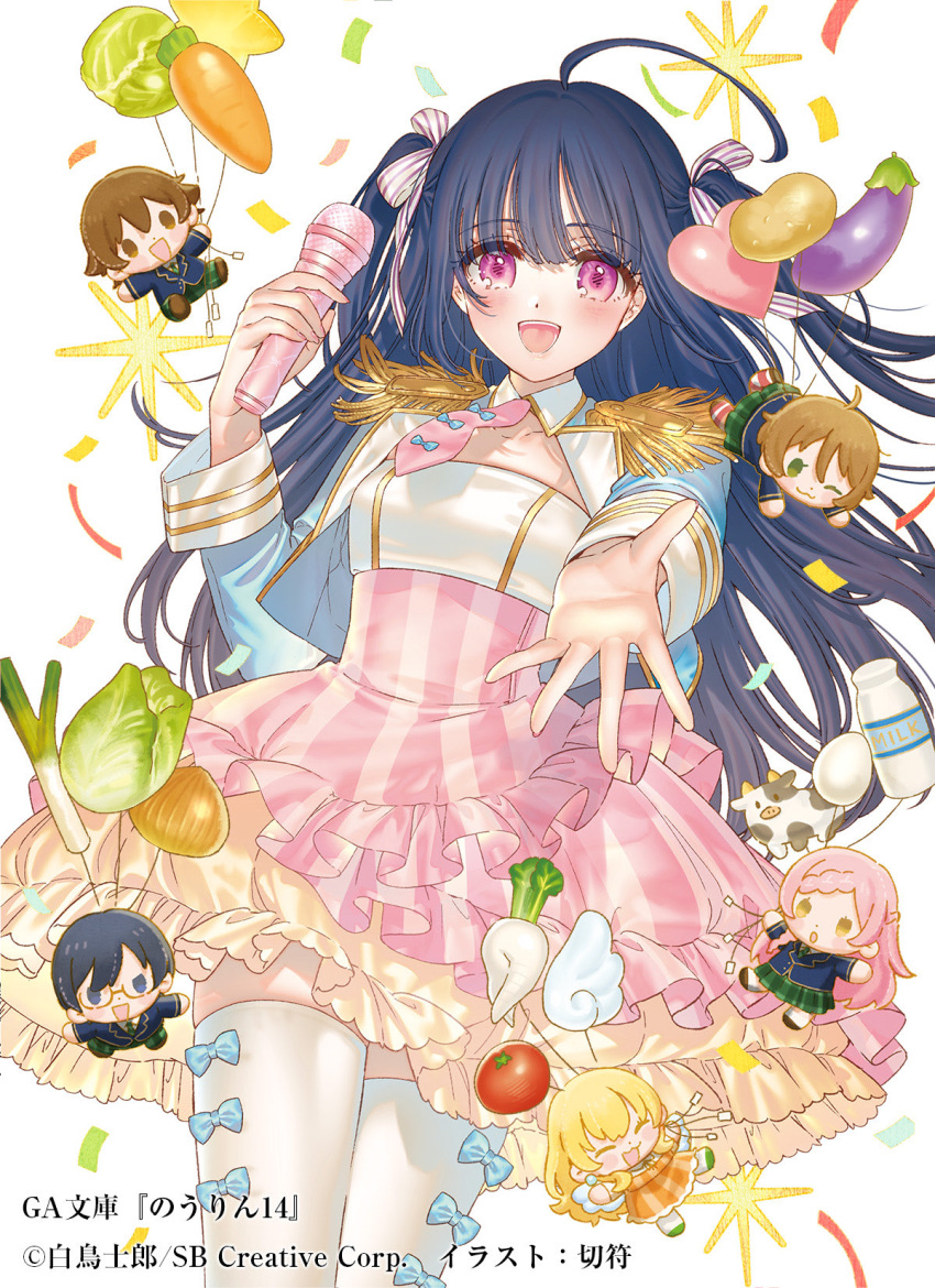 2boys, 5girls, ahoge, bekki_natsumi, black_hair, blonde_hair, blush, bow