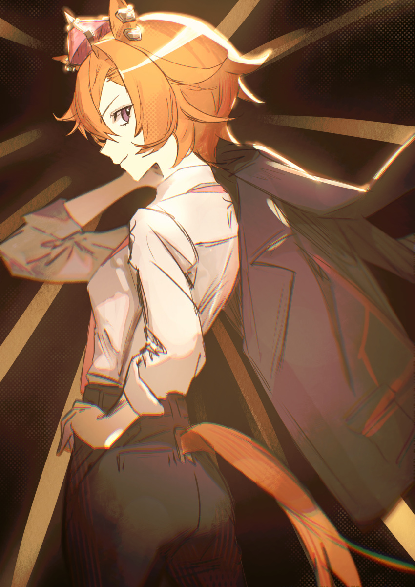 1girl, absurdres, animal_ears, black_jacket, black_pants, breasts, casual, closed_mouth