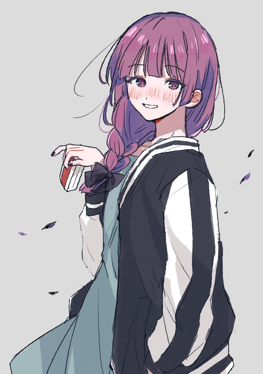 1girl, alcohol_carton, black_bow, black_nails, blunt_bangs, bocchi_the_rock!, bow, commentary_request