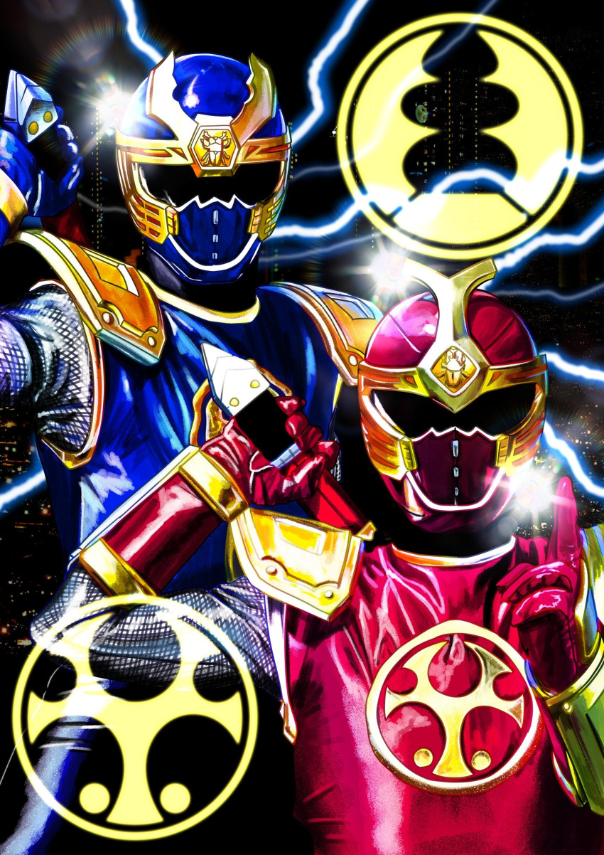 2boys, 4ze_meteor, absurdres, armor, black_background, blue_armor, blue_helmet, commentary_request