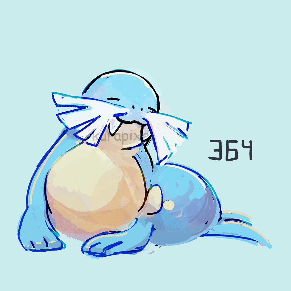 artist_name, blue_background, blue_fur, closed_eyes, kurapixel, no_humans, numbered, pokemon, pokemon_(creature), seal_(animal), sealeo, simple_background, solo, two-tone_fur, watermark, yellow_fur