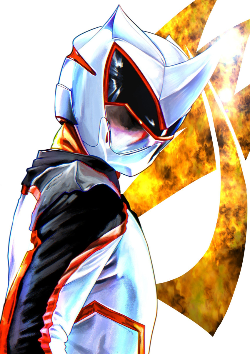 1boy, 4ze_meteor, absurdres, bodysuit, commentary_request, geki_chopper, helmet, highres, horns, juuken_sentai_gekiranger, male_focus, single_horn, solo, super_sentai, tokusatsu, white_background, white_bodysuit, white_helmet