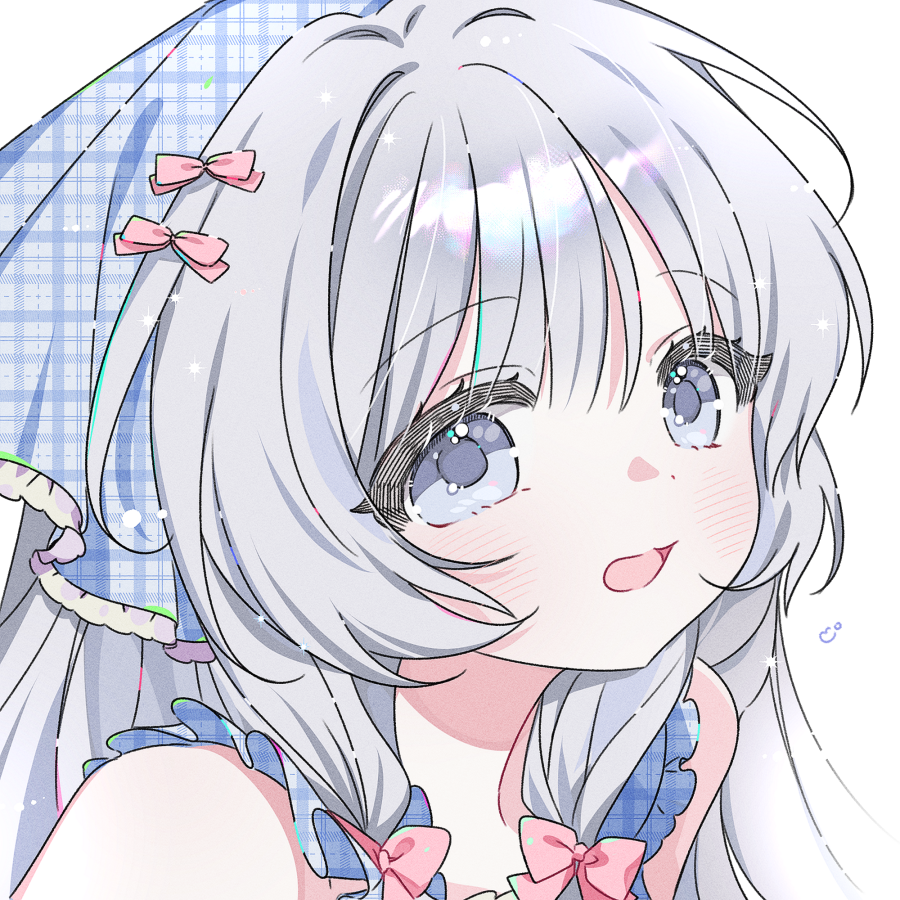 1girl, :d, bare_shoulders, blue_eyes, blue_headscarf, blush, bow, commentary