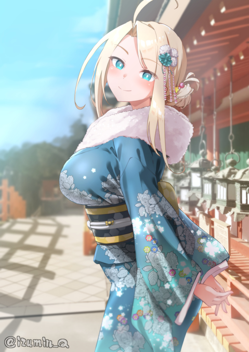 1girl, alternate_costume, aqua_eyes, aqua_kimono, architecture, asymmetrical_hair, bikini, blonde_hair