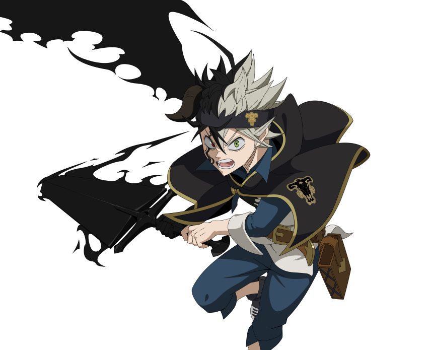 1boy, absurdres, asta_(black_clover), aura, black_boots, black_bulls_(emblem), black_capelet, black_clover