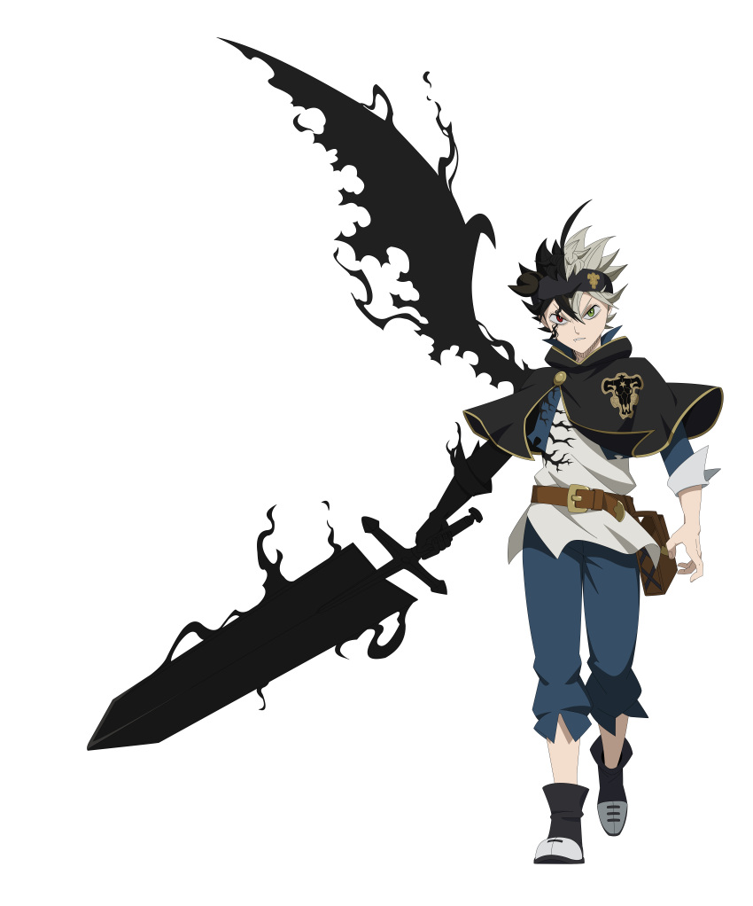 1boy, absurdres, asta_(black_clover), aura, black_boots, black_bulls_(emblem), black_capelet, black_clover