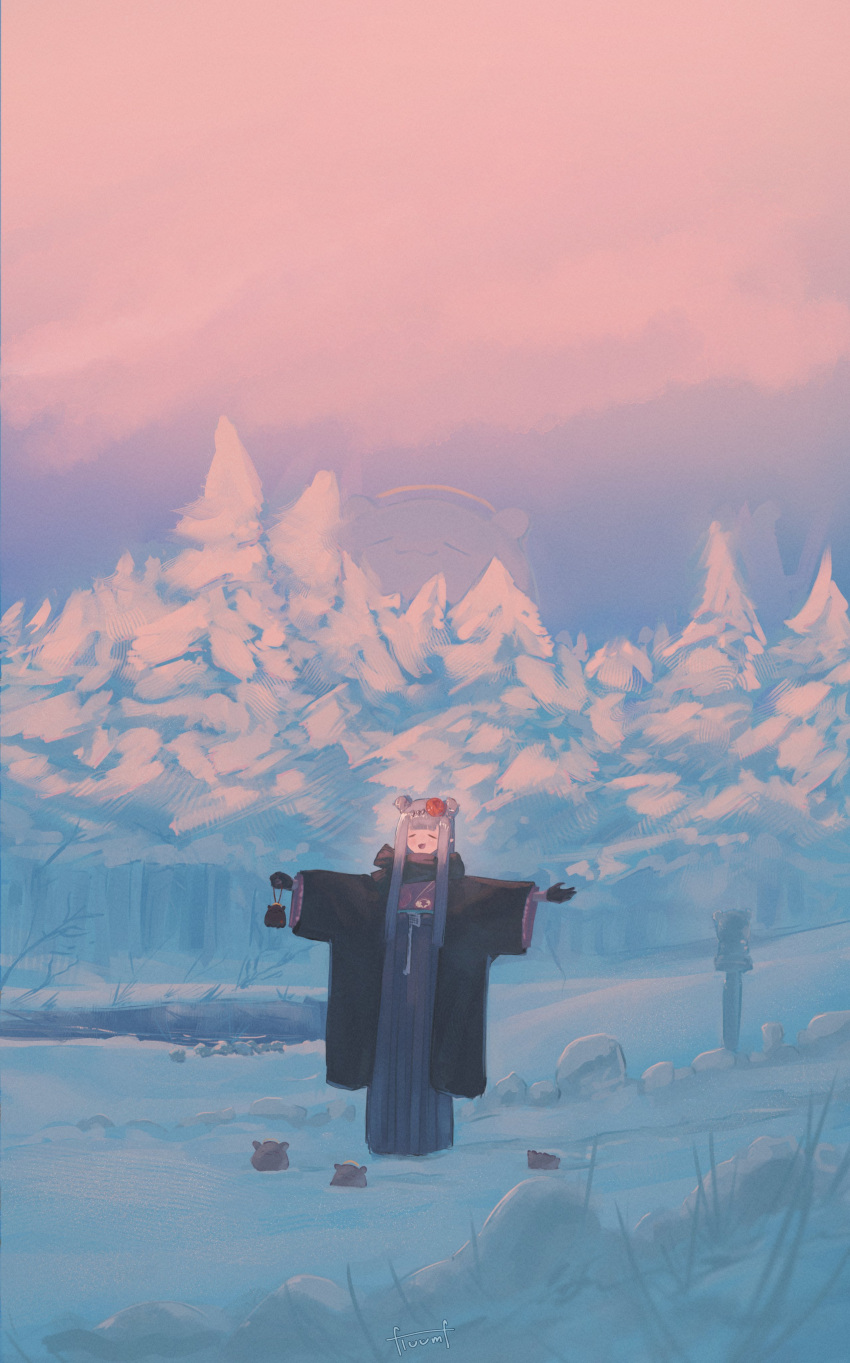 1girl, absurdres, black_gloves, black_haori, black_scarf, blunt_bangs, closed_eyes, commentary
