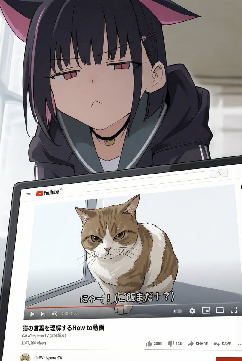 1girl, :<, animal_ears, black_choker, black_hair, black_jacket, blue_archive, cat, cat_ears, choker, closed_mouth, colored_inner_hair, extra_ears, frown, green_sailor_collar, hair_ornament, hairclip, halo, highres, hood, hooded_jacket, jacket, kazusa_(blue_archive), looking_at_viewer, multicolored_hair, pink_eyes, pink_hair, ponconyan, red_eyes, sailor_collar, school_uniform, short_hair, solo, two-tone_hair, user_interface, youtube_logo