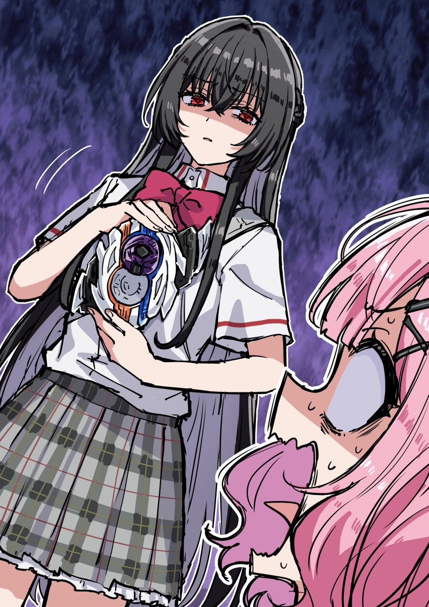 2girls, absurdres, amaori_renako, ashigaya_high_school_uniform, black_hair, capsems, commentary_request, dutch_angle