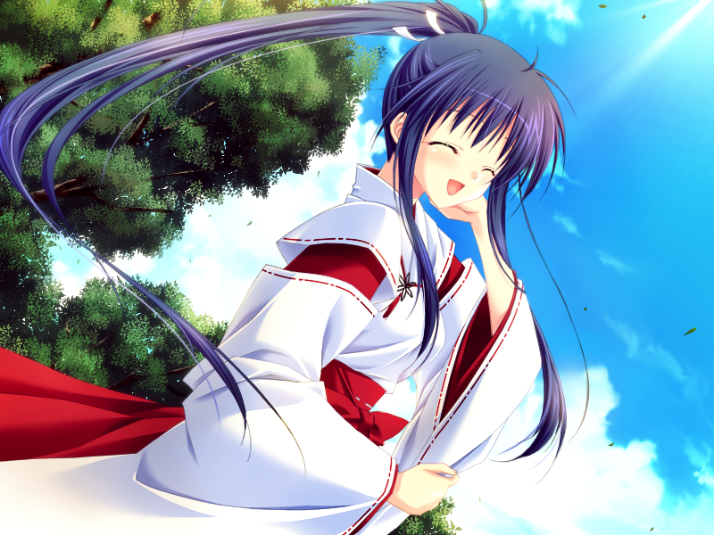 1girl, ^_^, amato_saori, arm_behind_head, blue_hair, breasts, choco_chip, closed_eyes