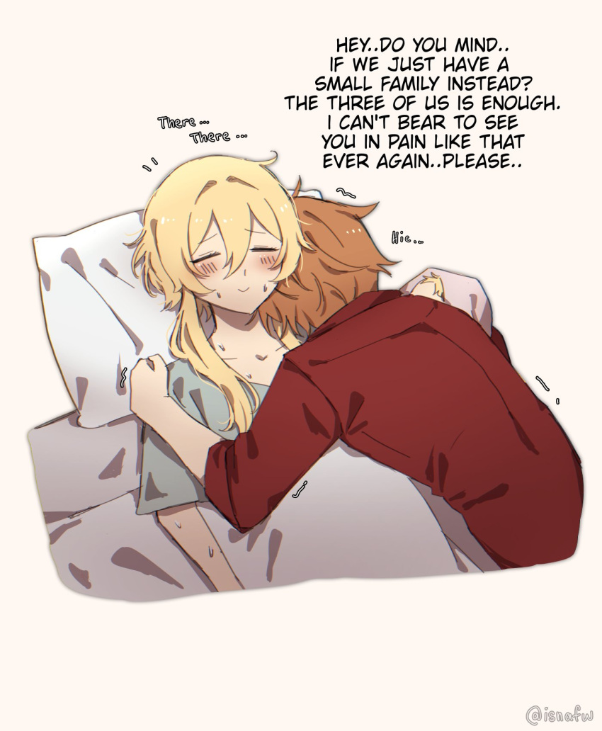 1boy, 1girl, baby, blonde_hair, blush, english_text, genshin_impact, hair_between_eyes, highres, hug, isnafw, lumine_(genshin_impact), open_mouth, orange_hair, short_hair, short_hair_with_long_locks, simple_background, tartaglia_(genshin_impact), trembling