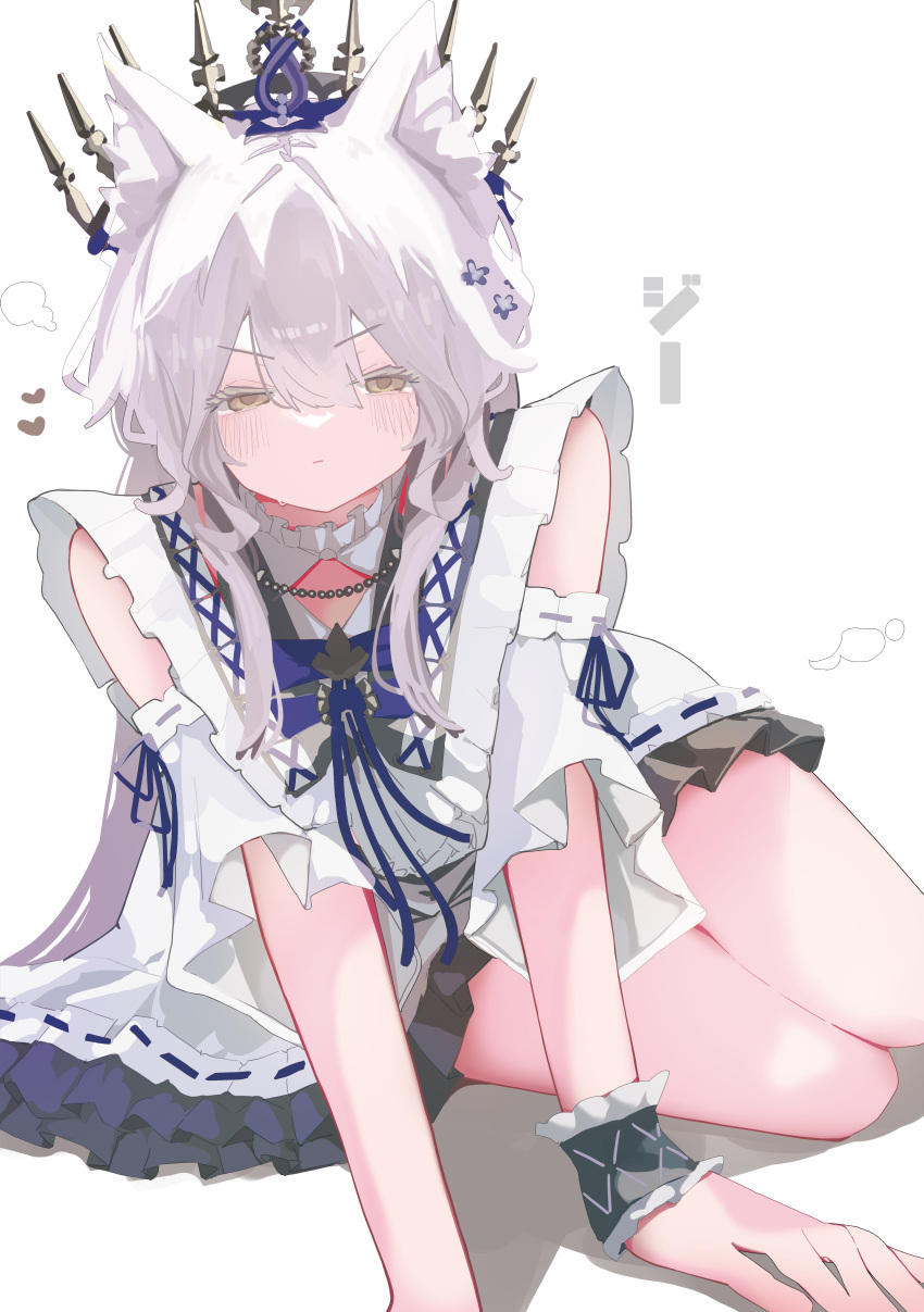 1girl, absurdres, animal_ear_fluff, animal_ears, arknights, blue_ribbon, blush, cat_ears, cat_girl, dress, frills, green_eyes, grey_hair, grin, hair_ribbon, highres, infection_monitor_(arknights), long_hair, looking_at_viewer, official_alternate_costume, parted_lips, ponytail, ribbon, rosmontis_(an_airy_dream)_(arknights), rosmontis_(arknights), smile, solo, taiiiyakiii, white_background, white_dress