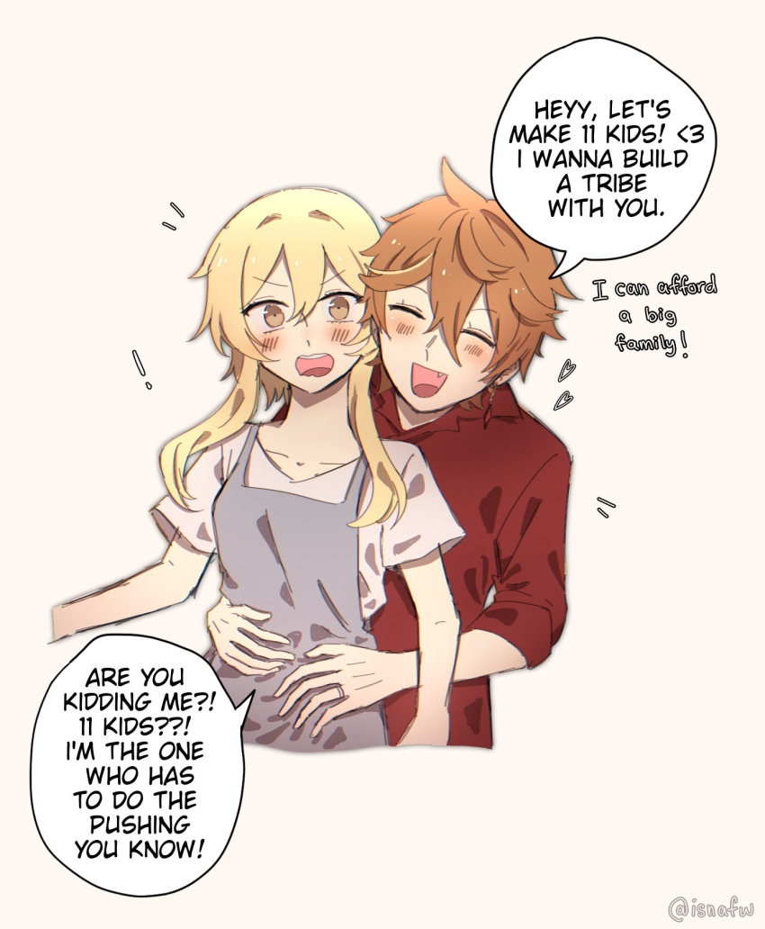 1boy, blonde_hair, blush, english_text, genshin_impact, hair_between_eyes, highres, hug, hug_from_behind, isnafw, lumine_(genshin_impact), open_mouth, orange_hair, short_hair, short_hair_with_long_locks, simple_background, tartaglia_(genshin_impact), yellow_eyes
