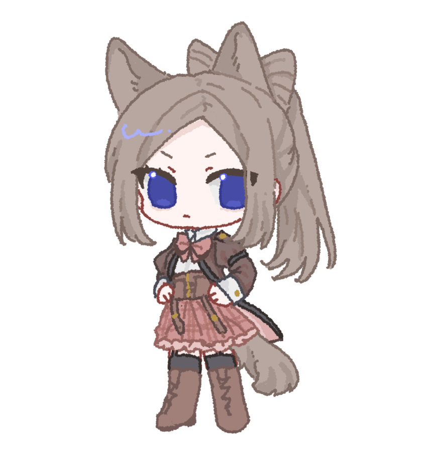 1girl, animal_ears, assault_lily, black_thighhighs, blue_eyes, boots, bow, bow-shaped_hair