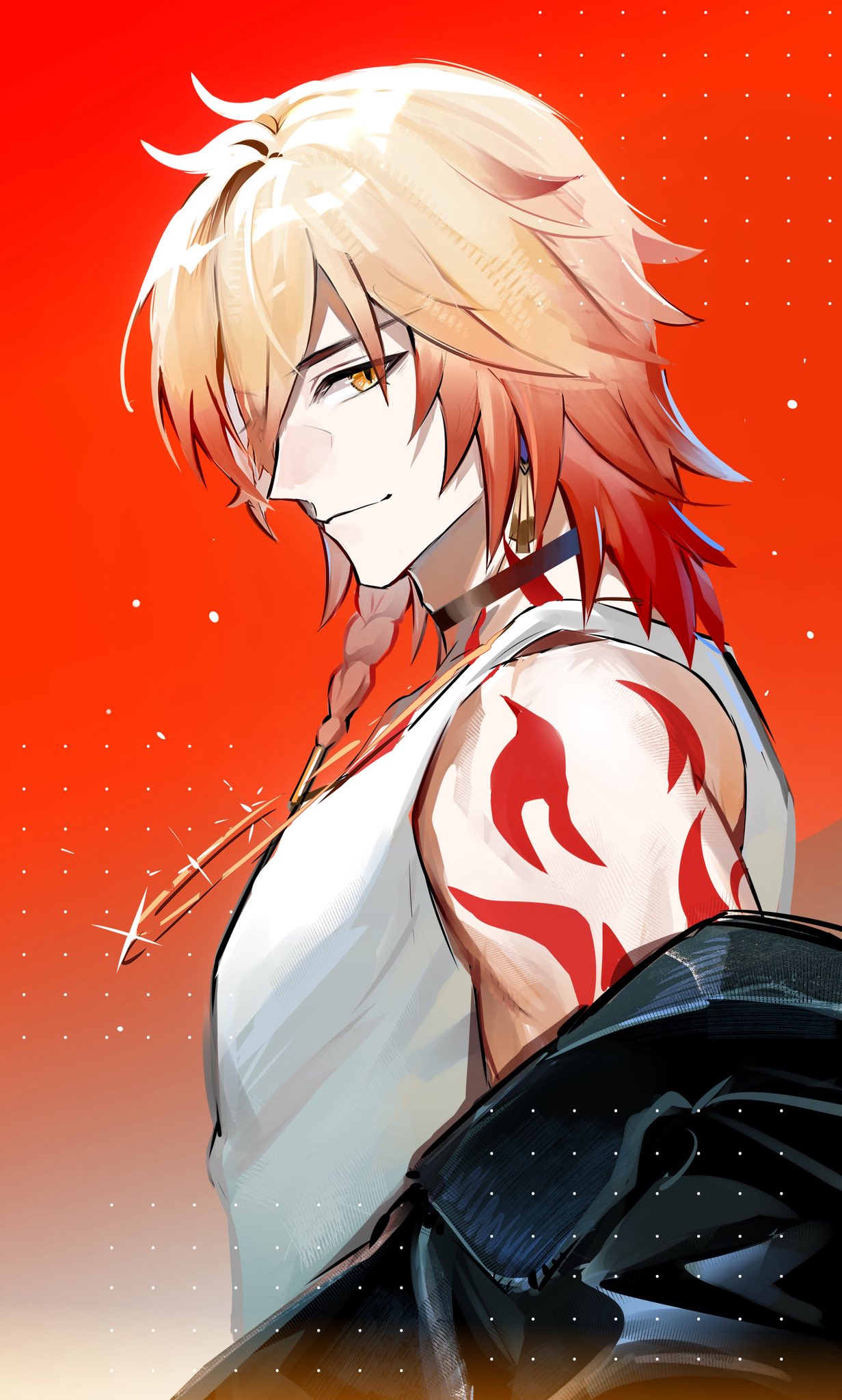 1boy, arm_tattoo, black_choker, black_jacket, blonde_hair, braid, choker, commentary