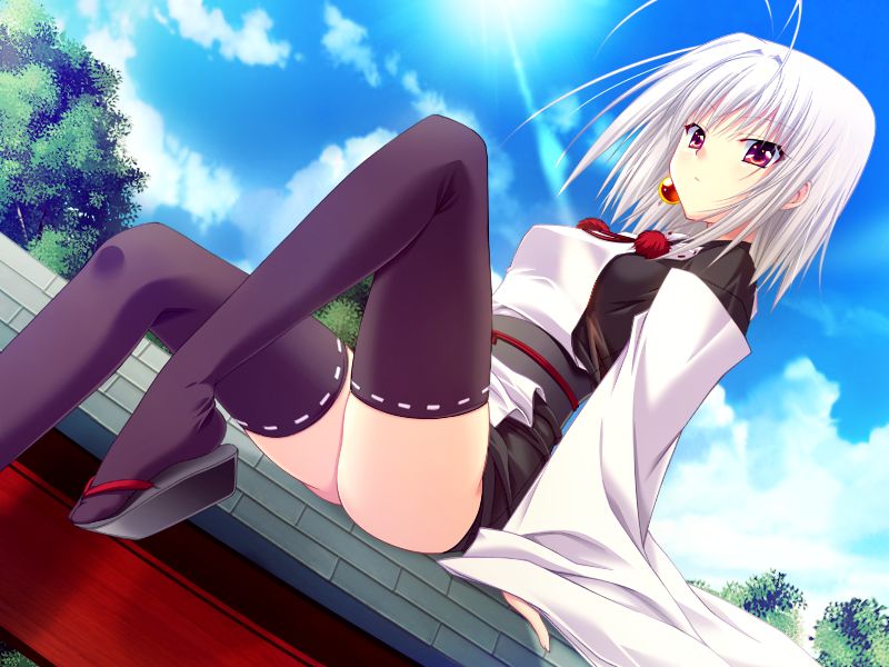 1girl, antenna_hair, black_sandals, black_thighhighs, breasts, choco_chip, dutch_angle, game_cg