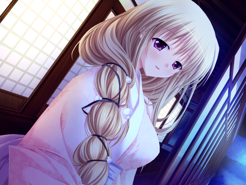 1girl, blonde_hair, braid, breasts, choco_chip, dutch_angle, game_cg, japanese_clothes