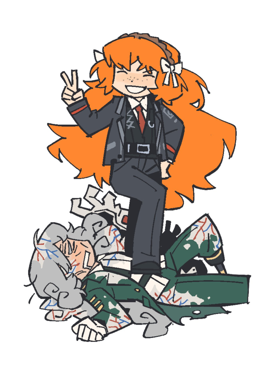 2girls, black_jacket, black_pants, black_shoes, black_vest, bow, brown_hairband, e.g.o_(project_moon)