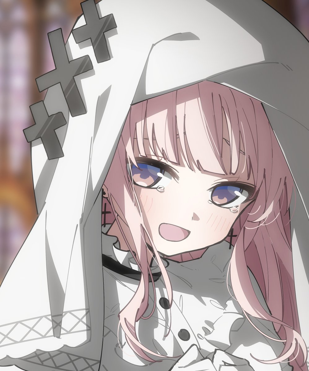 1girl, :d, alephan, blonde_hair, blunt_bangs, blurry, blurry_background, commentary