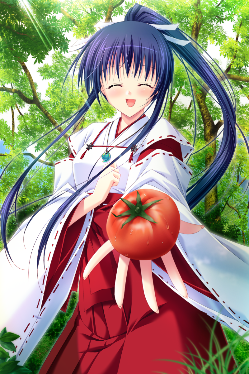 1girl, amato_saori, breasts, choco_chip, clenched_hand, food, game_cg, hakama