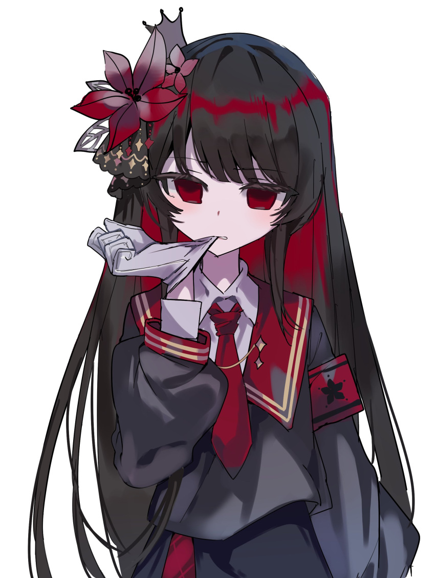 1girl, absurdres, biting, biting_glove, black_hair, black_shirt, black_skirt, commentary_request