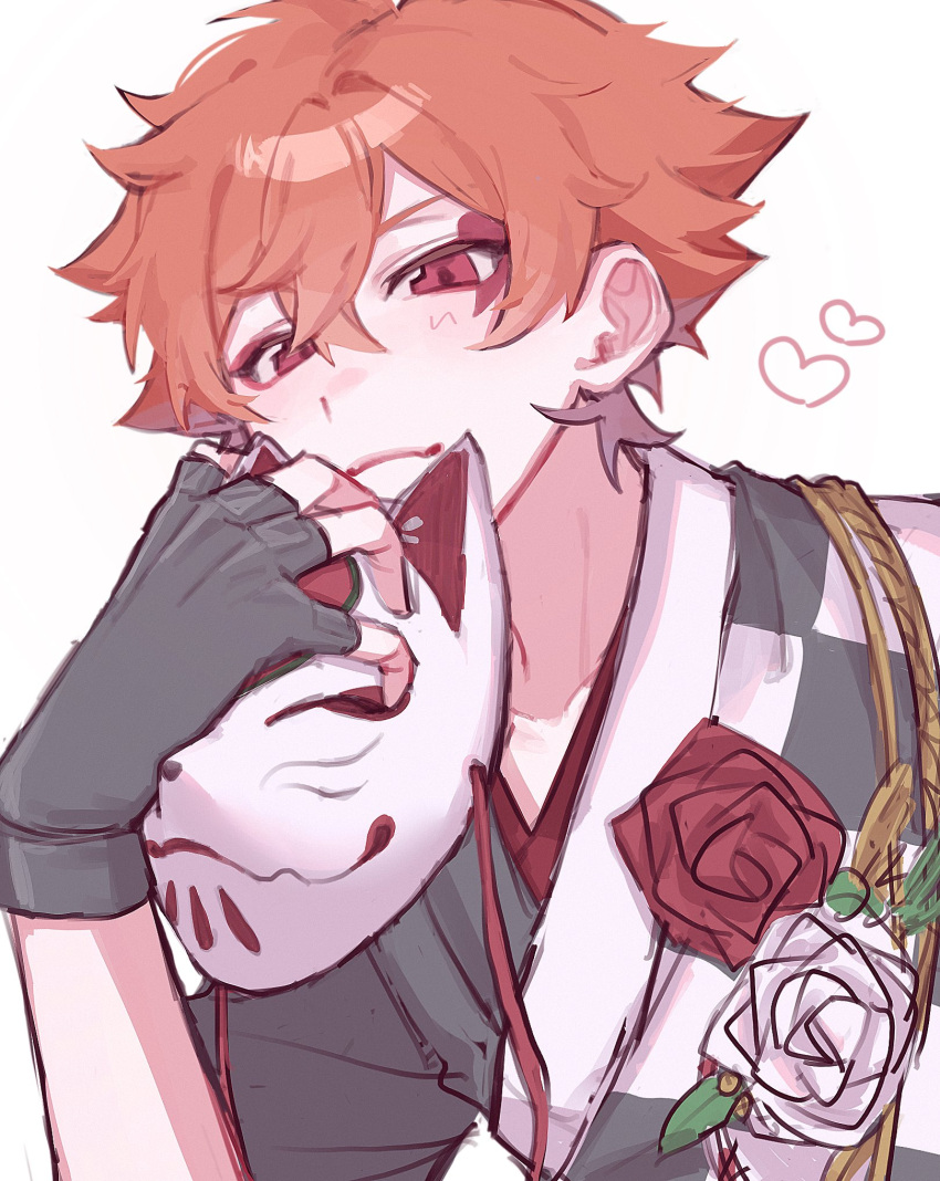 1boy, a_dx0, ace_trappola, black_gloves, closed_mouth, fingerless_gloves, gloves, heart, highres, holding, holding_mask, male_focus, mask, red_eyes, red_hair, smile, solo, twisted_wonderland, white_background