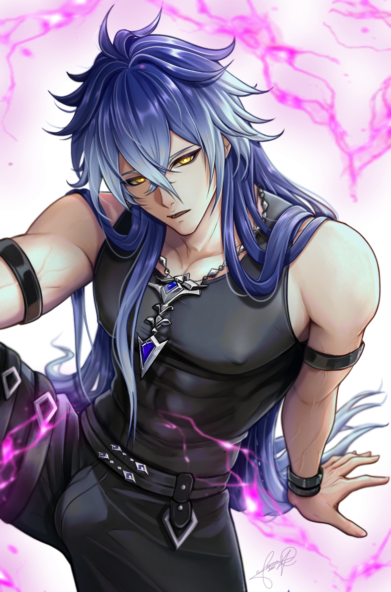 1boy, arm_strap, aurora_archangel, bare_shoulders, black_pants, blue_hair, bracelet, commentary