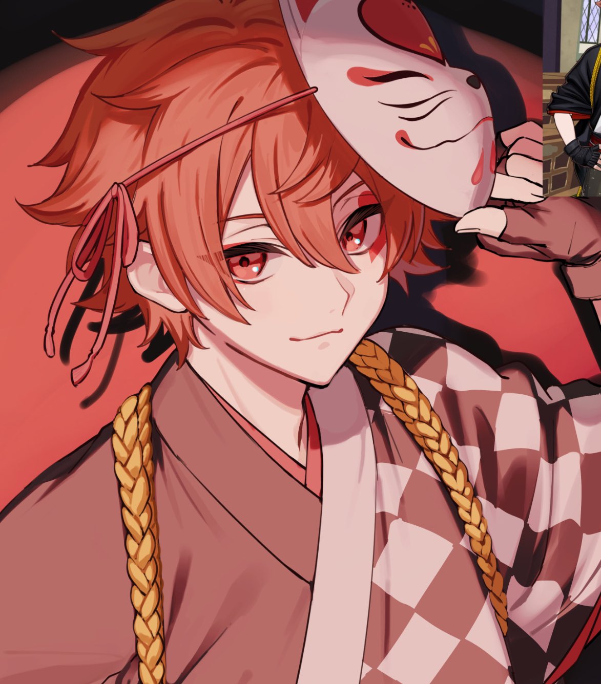 1boy, ace_trappola, closed_mouth, fingerless_gloves, gloves, hand_on_headwear, highres, kyomu_(rwv0p)