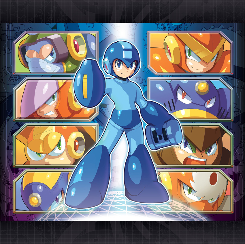 6+boys, air_man, android, arm_cannon, blue_eyes, blue_helmet, bodysuit, bubble_man