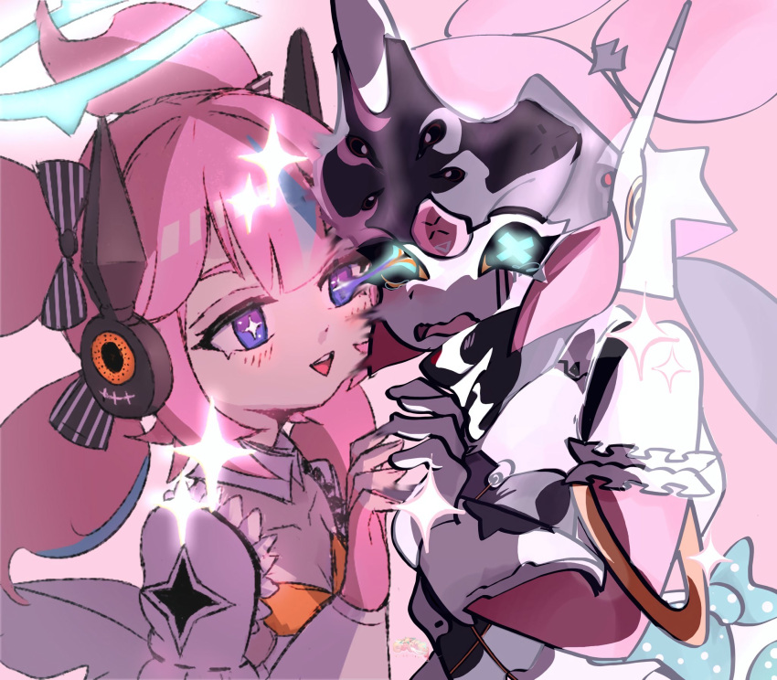 1girl, dual_persona, green_eyes, hair_ornament, halo, highres, humanoid_robot, koumilust