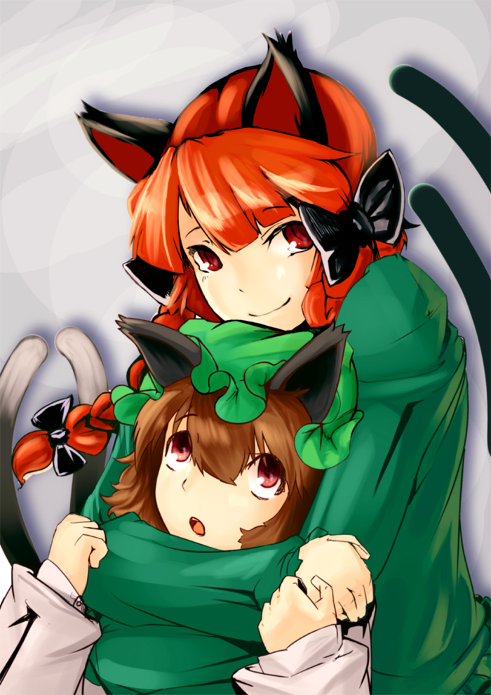 2girls, animal_ears, braid, brown_hair, cat_ears, cat_tail, chen, dango_ya, hair_ornament, hair_ribbon, hat, hug, hug_from_behind, kaenbyou_rin, multiple_girls, multiple_tails, red_eyes, red_hair, short_hair, smile, tail, touhou, twin_braids, twintails