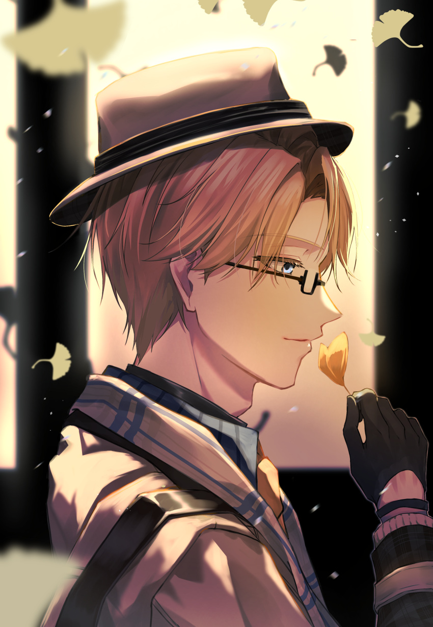 1boy, absurdres, adam's_apple, autumn_leaves, black-framed_eyewear, black_gloves, blue_eyes, blurry