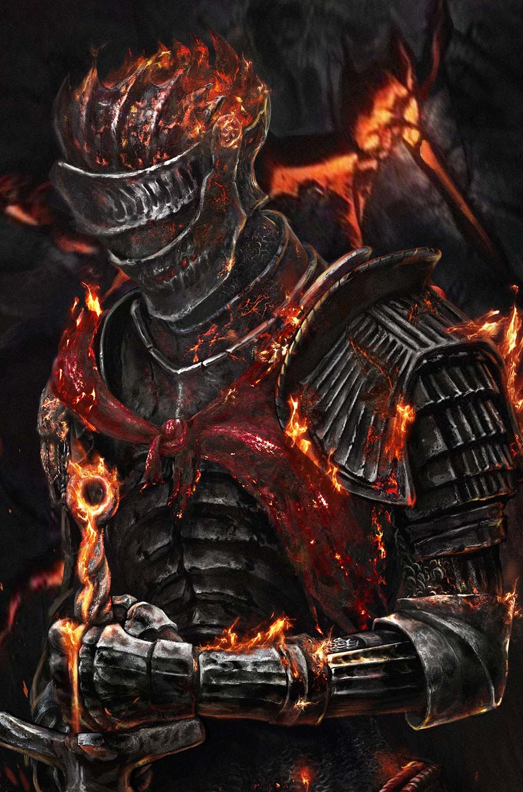 1other, armor, breastplate, burning_clothes, cape, commentary, dark_souls_(series), dark_souls_iii