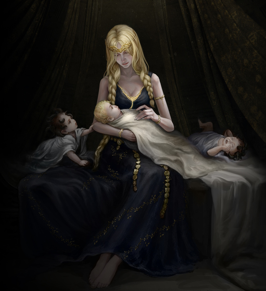 1girl, 3boys, aged_down, armlet, baby, barefoot, bed_sheet, black_dress